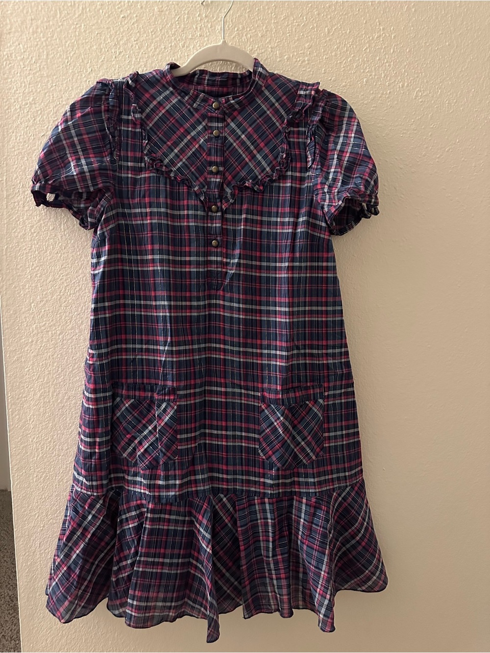 Marc by Marc Jacobs Navy, Pink & Yellow Plaid Ruffle Button-Front Shirt - Picture 2 of 6